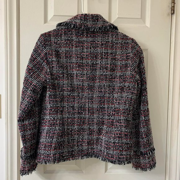 🌷3 for$20🌷Chico's, US M, Pink, Black, White & Grey Plaid Fringe Coat - Picture 4 of 6